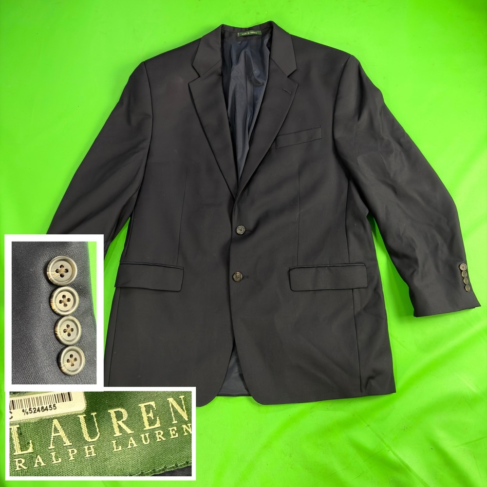 VTG Ralph Lauren Blazer Mens 44L Navy Blue 2-Button Wool Sport Coat Canada Made